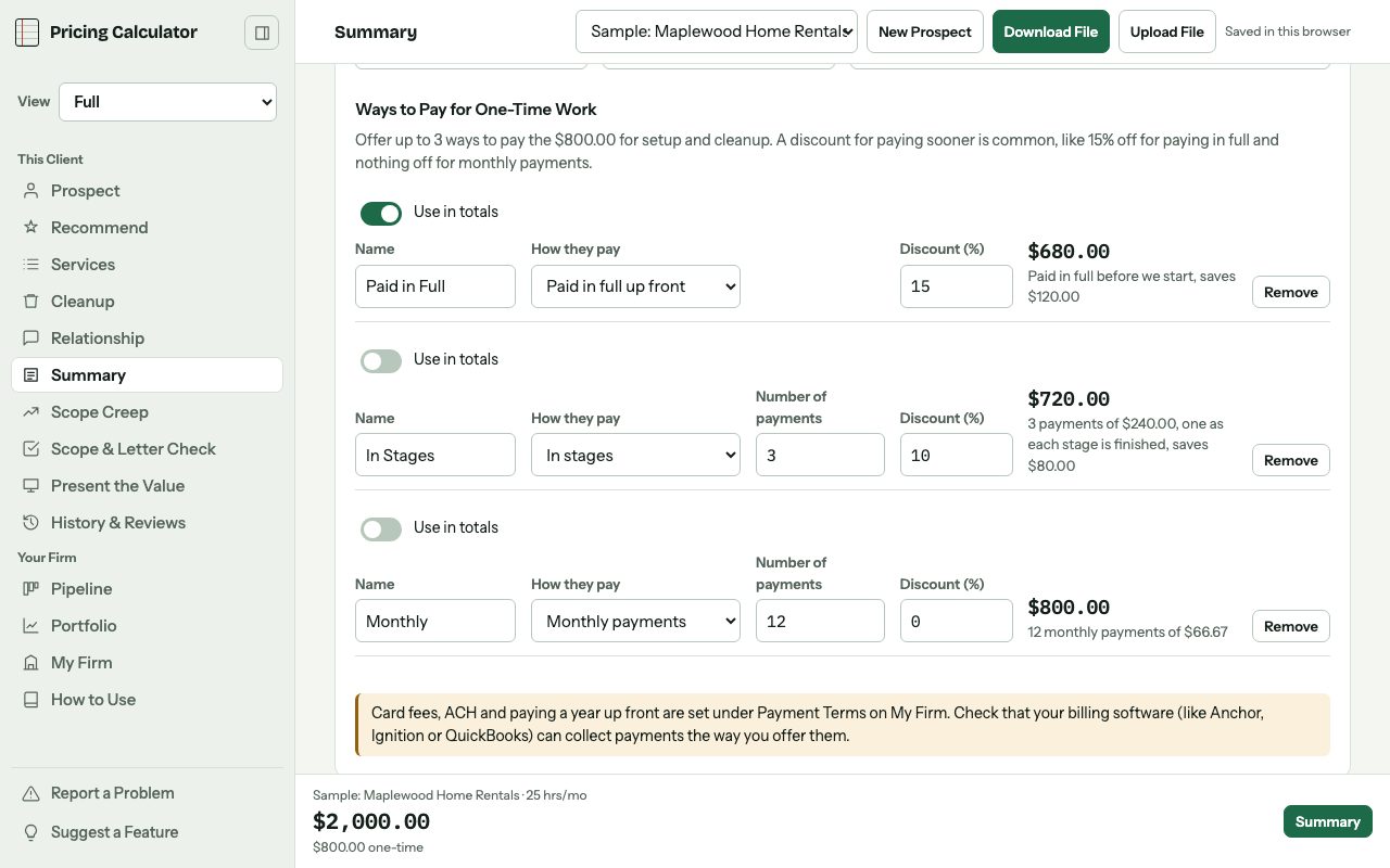 Discounts and ways to pay for one-time work