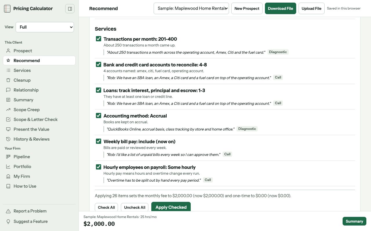 The Recommend page with suggested lines, each with a reason and the quote from the transcript