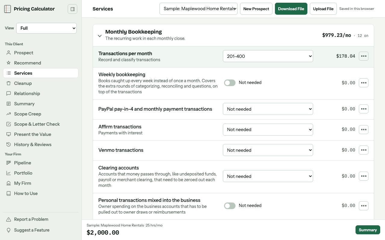 The Services page with lines turned on, each showing hours and price