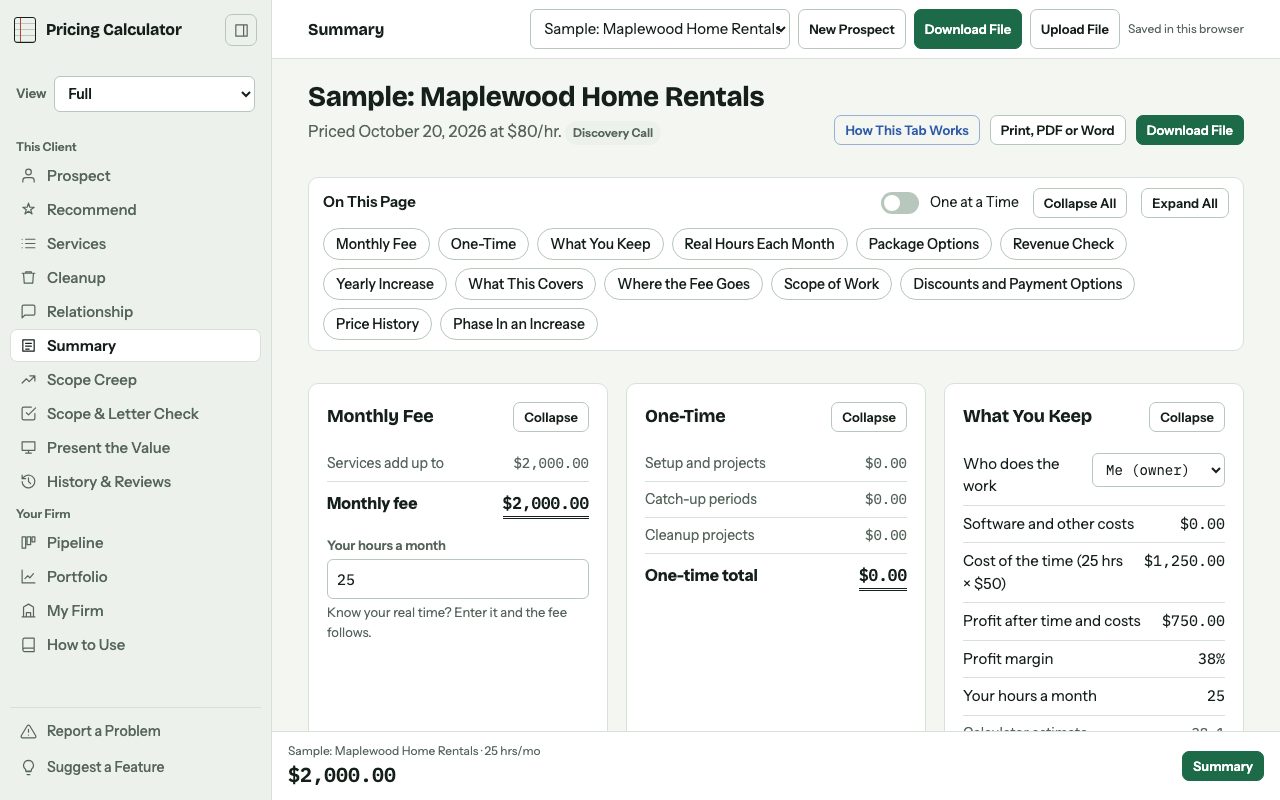 The Summary page: the monthly fee, the one-time fee, what you keep after your time, and the scope of work